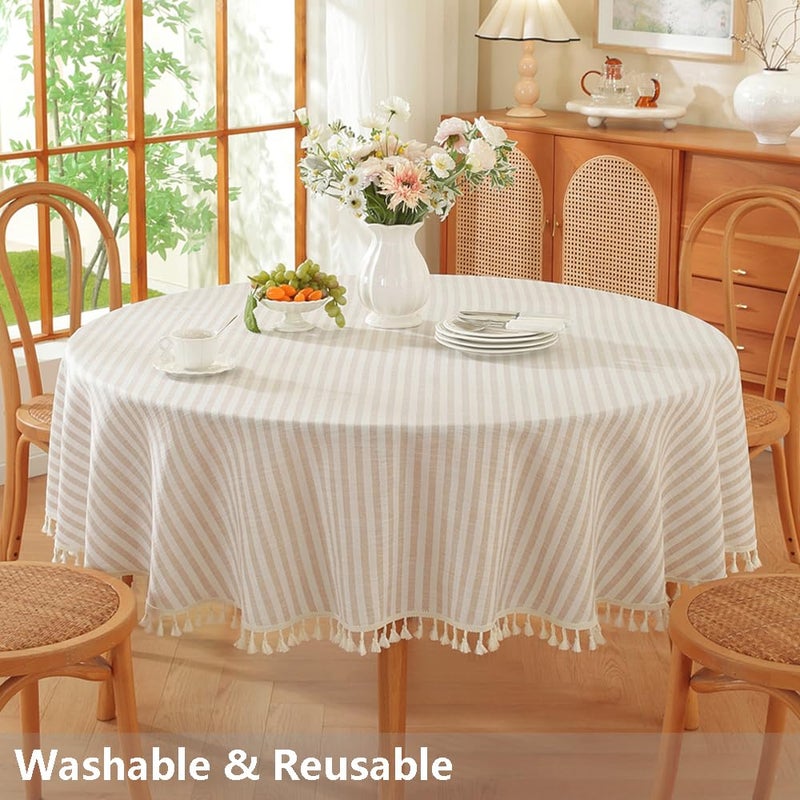 TruDelve Small Round Table Cloth 60 Inch Beige Striped Cloth Tablecloth Boho Fall Round Tablecloths for Outdoor Table Cover (Beige,60",Round) - Image 5